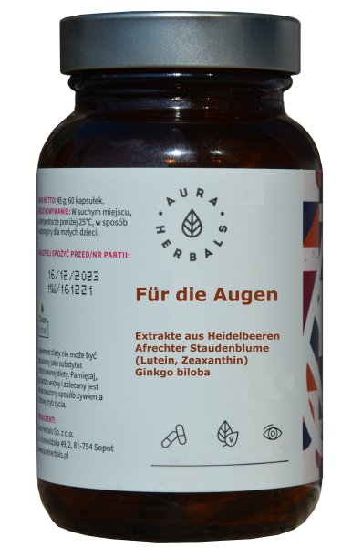 Kapseln für gute Kondition der Augen, 60 Stück, verbessern die Durchbltung (Heidelbeere, Ginkgo), versorgen mit Lutein und Zeaxanthin. Monatspackung